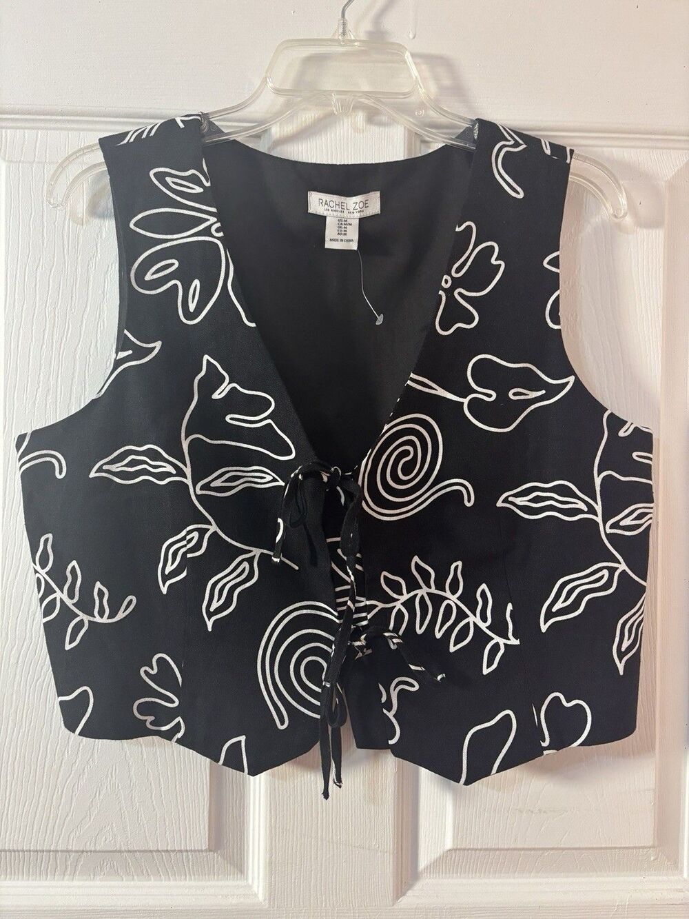 Rachel Zoe Black/White Abstract Woven V-Neck Sleeveless Tie Cropped Blouse M - Picture 4 of 12